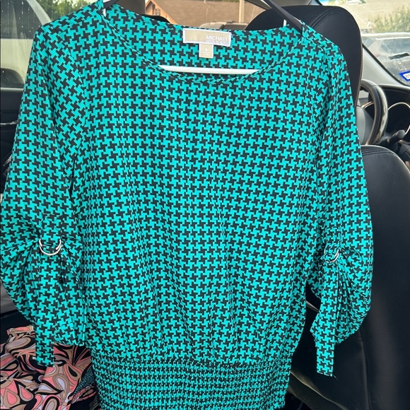 NWOT Michael Kors Teal and Black Houndstooth Blouse - Picture 1 of 3
